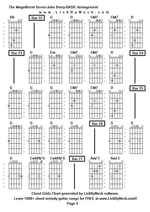 Chord Grids Chart of chord melody fingerstyle guitar song-The Magnificent Seven-John Barry-BASIC Arrangement,generated by LickByNeck software.